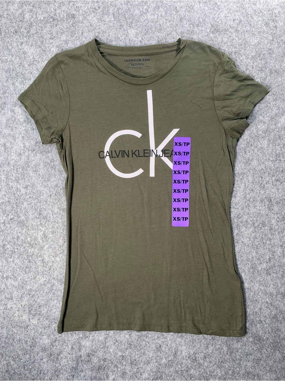 Calvin Klein Olive Green Short Sleeve CK Logo Tee with Purple Accent